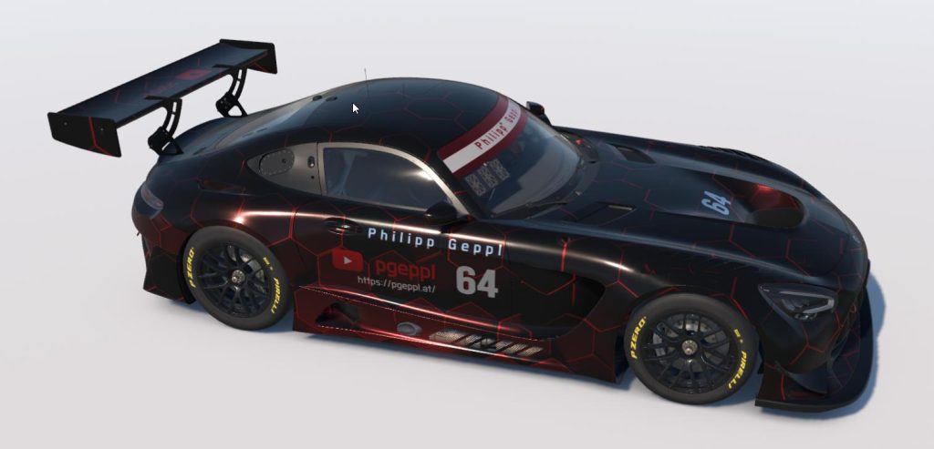 Three-quarter view of the Mercedes-AMG GT3 livery by Jeremy Kerr in black with red hex detailing