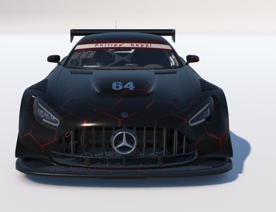 Front view of the black and red hex-pattern Mercedes-AMG GT3 livery by Jeremy Kerr, number 64