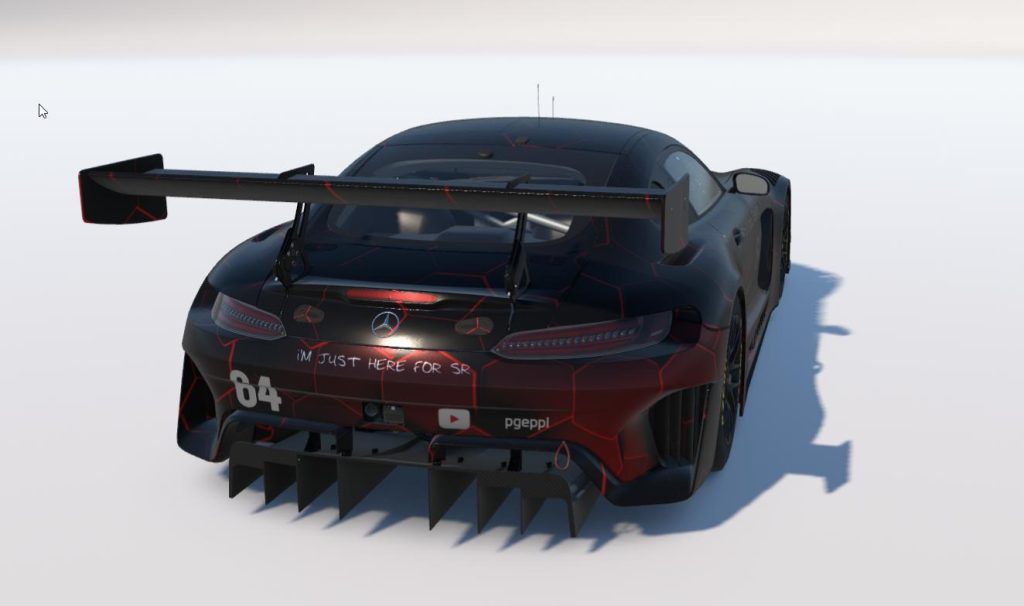 Rear of the Mercedes-AMG GT3 livery by Jeremy Kerr showing the I am just here for SR bumper text