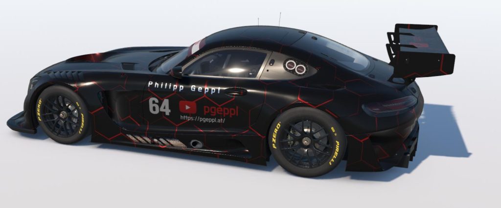 Side profile of the Mercedes-AMG GT3 livery by Jeremy Kerr with pgeppl.at branding and number 64