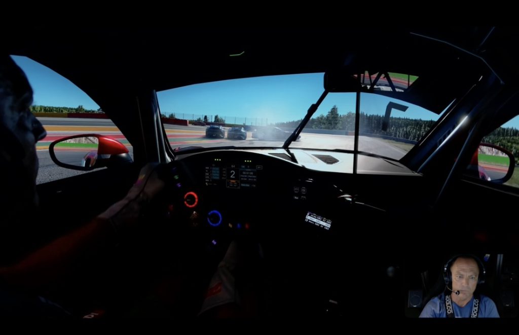 Cockpit view of a Porsche Cup Spa-Francorchamps race with cars crashing ahead in smoke on lap 1