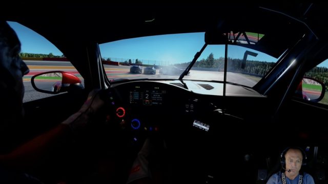 Cockpit view of a Porsche Cup Spa-Francorchamps race with cars crashing ahead in smoke on lap 1