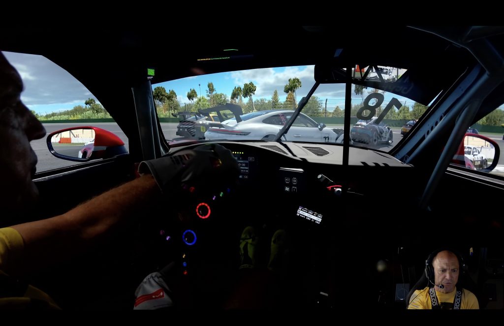 iRacing Porsche Cup Hockenheim Fixed cockpit view, Porsche 911 Cup #18 alongside rivals on lap 1