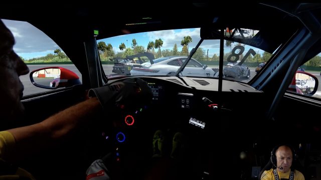 iRacing Porsche Cup Hockenheim Fixed cockpit view, Porsche 911 Cup #18 alongside rivals on lap 1